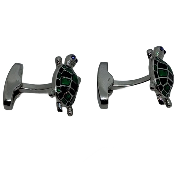 Enamel Sea Turtle Cufflinks - Green Shell & Blue Crystal Eyes - Novelty Gift - Picture 4 of 5